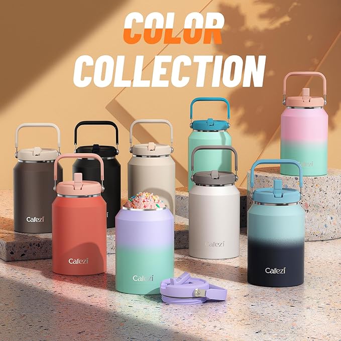 Half Gallon Water Jug 64oz, Stainless Steel Water Bottles with Flip Straw and Top Handle, Leak Proof, No Sweat, Iced for 34 Hours, Vacuum Insulated Cup for Home, Office, Outdoors, Car