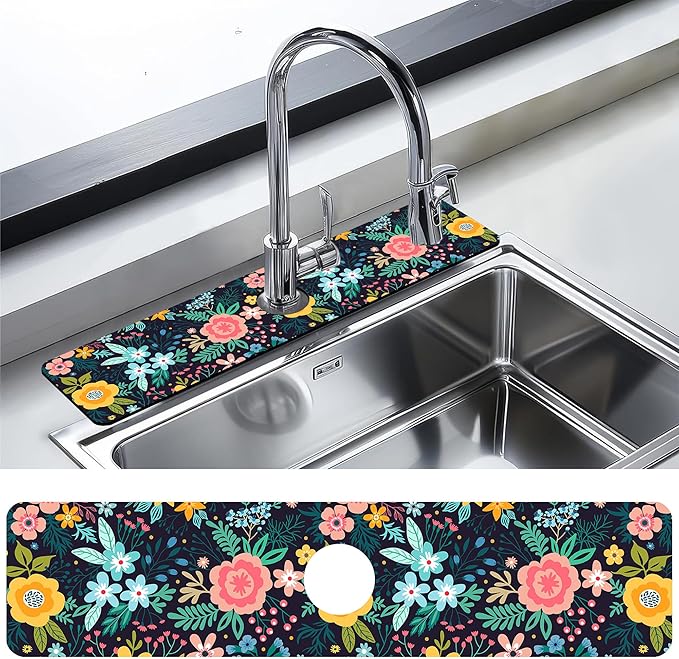 Kitchen Faucet Mat Bright Colorful Flowers Kitchen Sink Splash Guard Faucet Mat,1 PC Splash Guard Behind Faucet Drip Catcher for Kitchen,Dish Drying Mat,Bathroom Faucet Mat 23.5""X5.5""