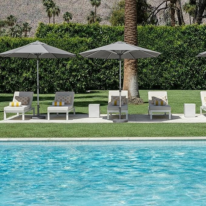 PURPLE LEAF 9 FT Semi-Auto Outdoor Patio Umbrella Market Table Sun Umbrellas with 8 Aluminum Sturdy Ribs for Backyard Deck Garden Pool (Silver Pole Gray Canopy)