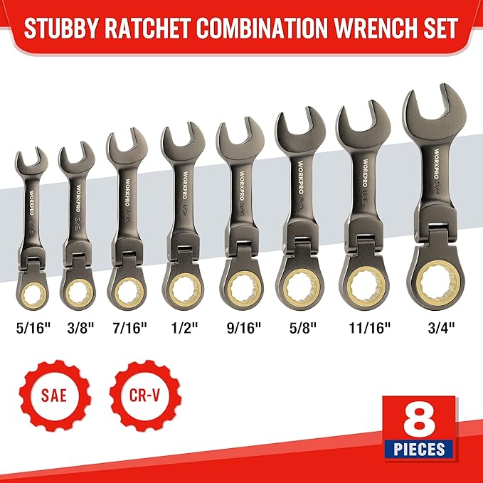 WORKPRO 8 Piece Flex Head Stubby Ratcheting Combination Wrench Set, SAE 5/16-3/4 in, 72-Teeth, CRV, Nickel Plating with Rolling Pouch