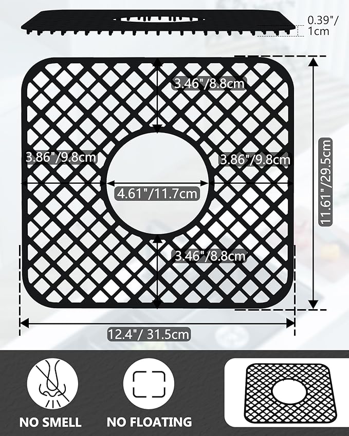 2 Pack Silicone Sink Protector for Kitchen Sink, Lozenge Pattern 12 x 11" Sink Grid Mat Silicone Protectors, Center Drain, Black