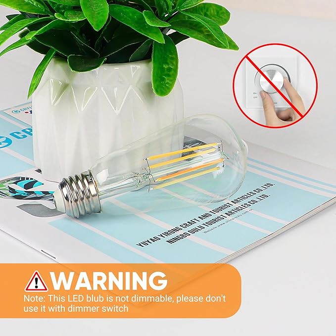 WIHTU LED Filament Light Bulbs, Bright Vintage 6W LED Edison Bulbs, St58 2700K Warm Light Bulbs with CRI 85+, E26 Standard Base, 900LUM, Non-Dimmable, Clear Glass, Pack of 4