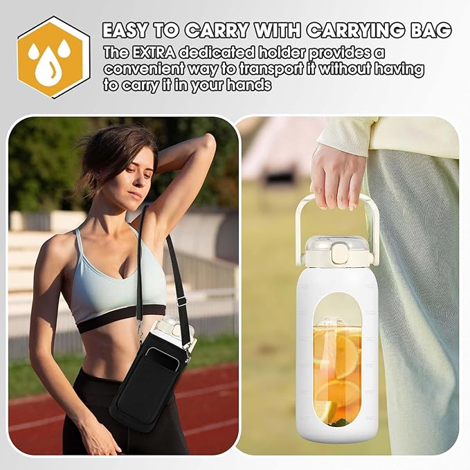 Glass Water Bottles 64 oz - Half Gallon Water Bottle with Straw Phone Holder Handle Time Marker and Silicone Sleeve, Large Motivational Water Jug with Carrier Bag for Daily Intake Gym White