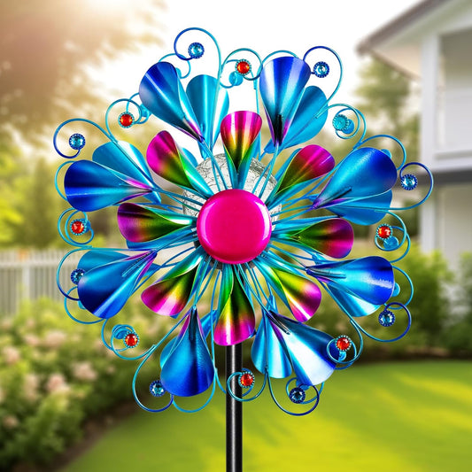 60'' Wind Spinner with Color Glass Ball Solar Lights, Blue Peacock Feathers Metal Garden Outdoor Decor Yard Lawn Art Decor for Patio Kinetic Windmills Unique Gifts for Friends and Family