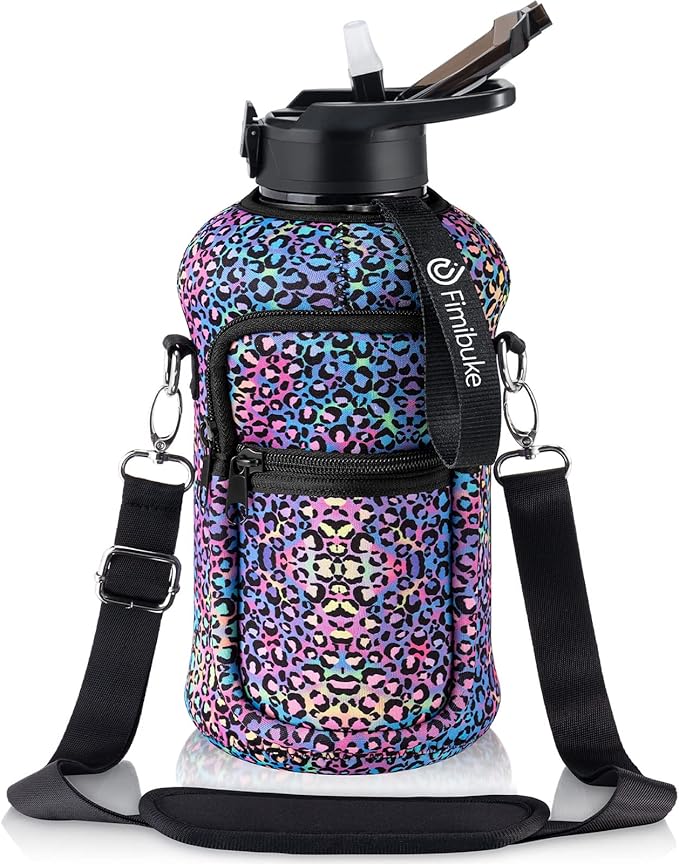 Fimibuke Half Gallon Water Bottle with Sleeve 64 OZ Water Bottle with Handle & Straw Leakproof Motivational Sports Gym Water Bottle with Time Marker BPA Free Water Jug with Reusable Neoprene Holder