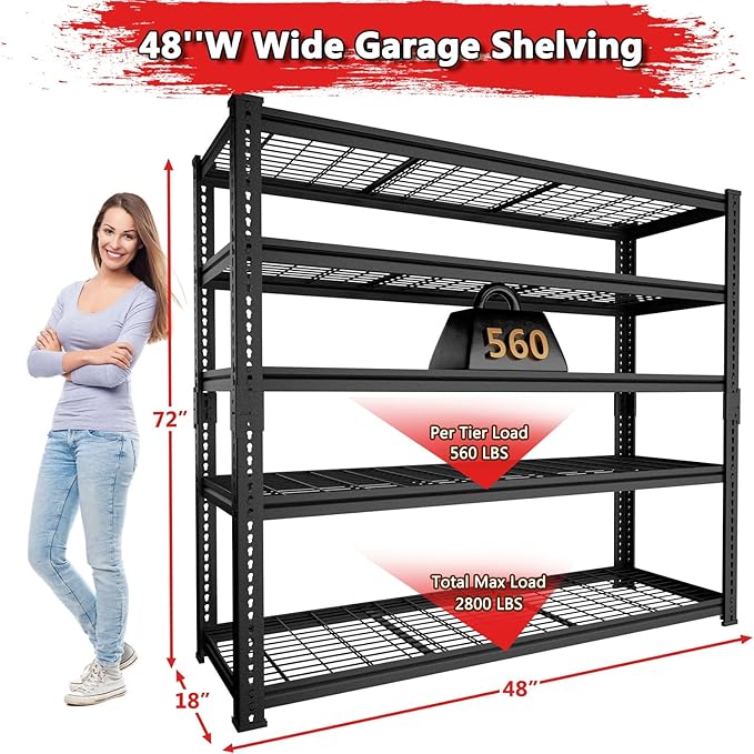 Storage Shelves, Garage Shelving Heavy Duty 2800 LBS Capacity, 48"L x 18"W x 72"H Adjustable Metal Shelving Organizer Wire Rack, 5 Tier Utility Shelf Unit for Pantry Closet Warehouse Organization