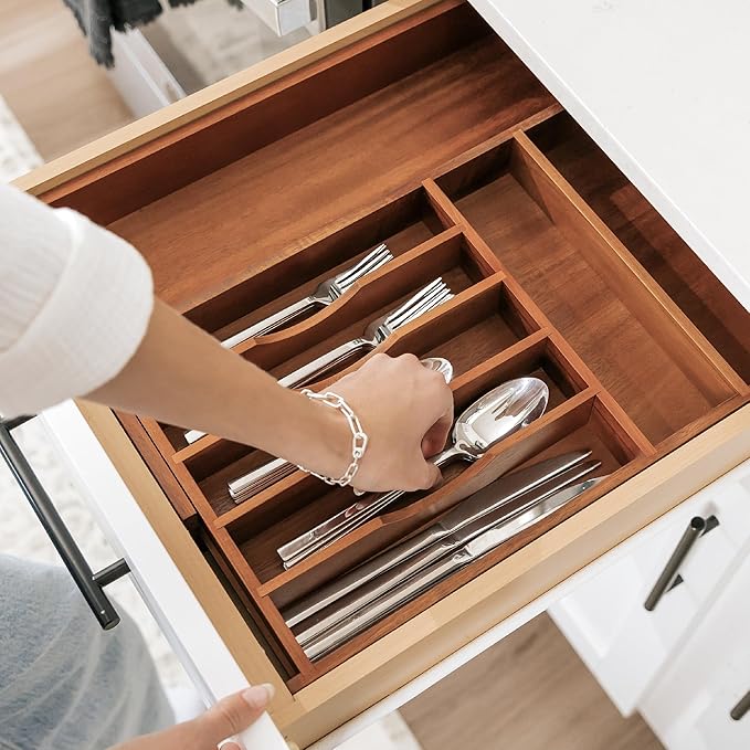 KitchenEdge Premium Silverware, Flatware and Utensil Organizer for Kitchen Drawers, Food-Safe Contract Grade, Expandable from 10.5 to 19 In, Natural Acacia