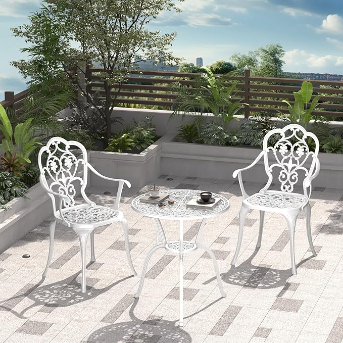 Patio Bistro Set of 2, Cast Aluminum, Outdoor Set w/Umbrella Hole, 3 Piece Table and Chairs Set, Bistro Set for Backyard/Garden/Lawn, White