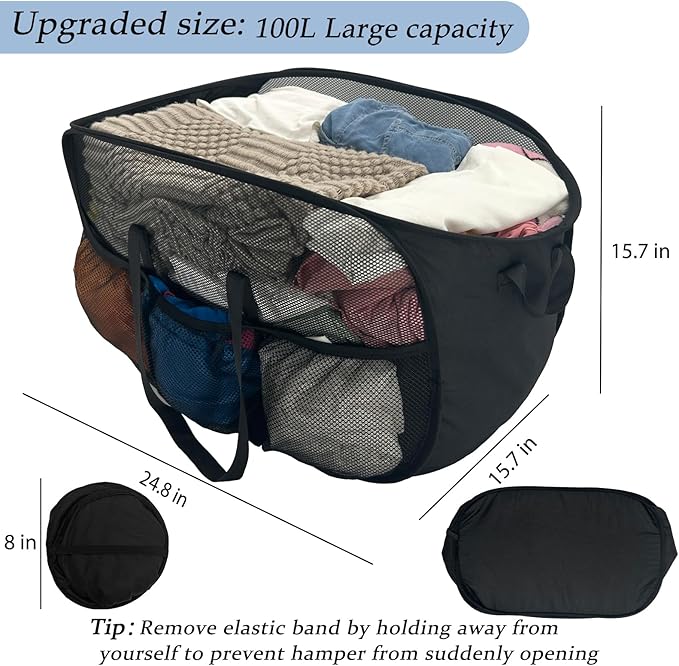 100L Extra Large Mesh Pop Up Hamper with Handles and bag,Upgraded Cationic XL Collapsible Laundry Baskets, Portable Stair Basket, Dirty Clothes Hamper for Cruise Travel Bedroom. Black