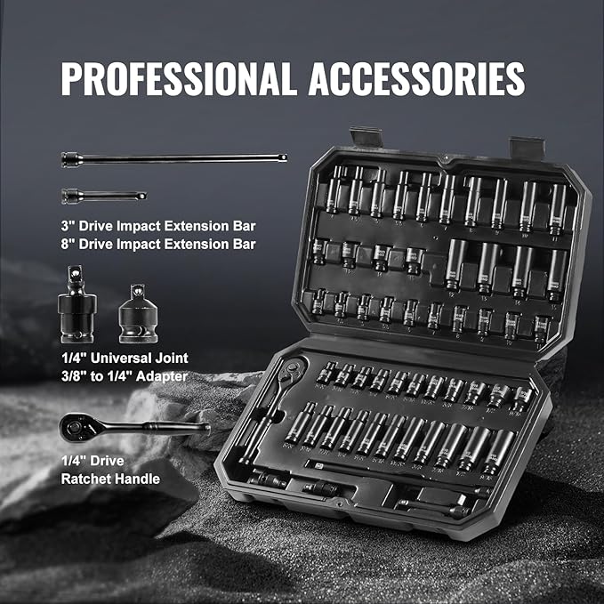 VEVOR Impact Socket Set 1/4" Drive, 55-Piece Deep & Shallow Socket Set Standard SAE (5/32 to 9/16 inch) & Metric (4 to 15 mm) Size, 6 Point, CR-V, Extension Bar, Universal Joint, Reducer