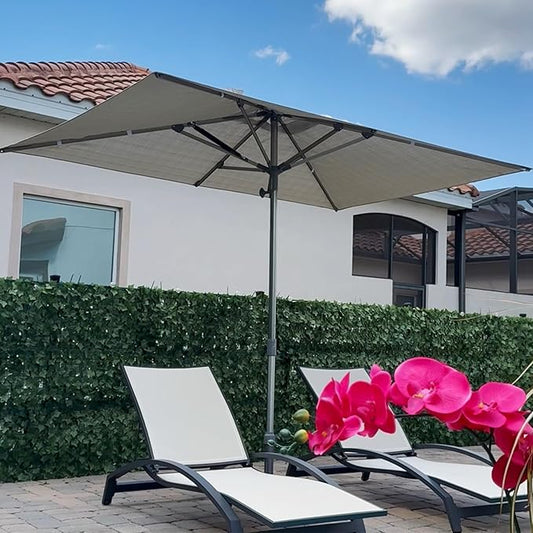 PURPLE LEAF 6 X 10 FT Semi-Auto Outdoor Patio Umbrella with Base Market Table Sun Umbrellas with 6 Aluminum Sturdy Ribs for Backyard Deck Garden Pool (Gray Pole Beige Canopy)