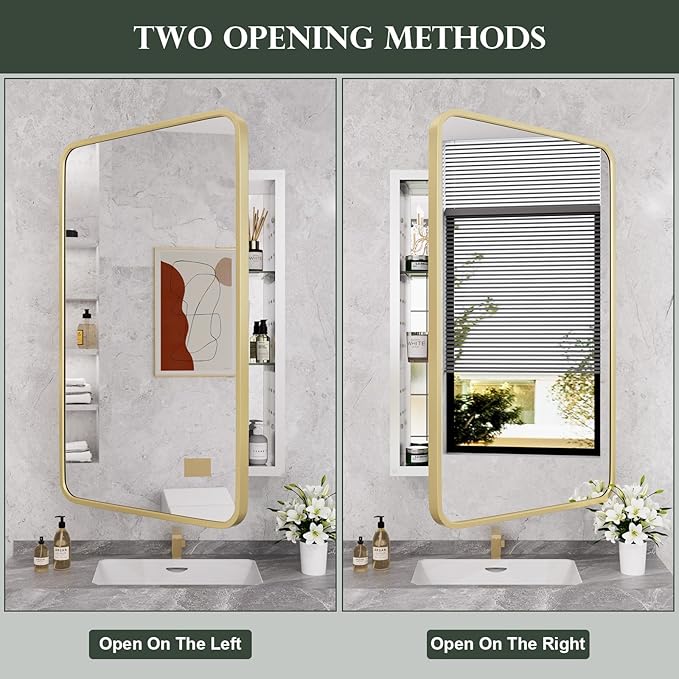 WallBeyond WallByond Bathroom Medicine Cabinet with Mirror, 19x30 Inch Gold Recessed Medicine Cabinet with Round Corner Aluminum Alloy Metal Framed, Single Door Modern MedicineMabinet with Storage
