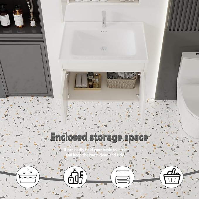 28'' Bathroom Vanity with Ceramic Sink Combo, Wall Mounted Small Bathroom Vanity with Soft-Close Door Modern Floating Cabinet, Pop-up Drain, P-Trap Included, Khaki(No Faucet)