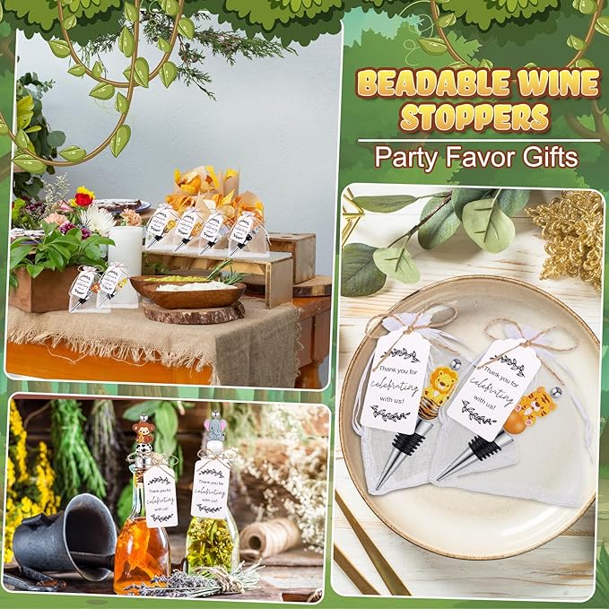 Gisafai 180 Pcs Beadable Wine Stoppers Bulk Include Beadable Bottle Stoppers Silicone Reusable Wine Saver Corks with Bags Labels Ropes for Baby Shower Gifts DIY Safari Jungle Animal Party Bar
