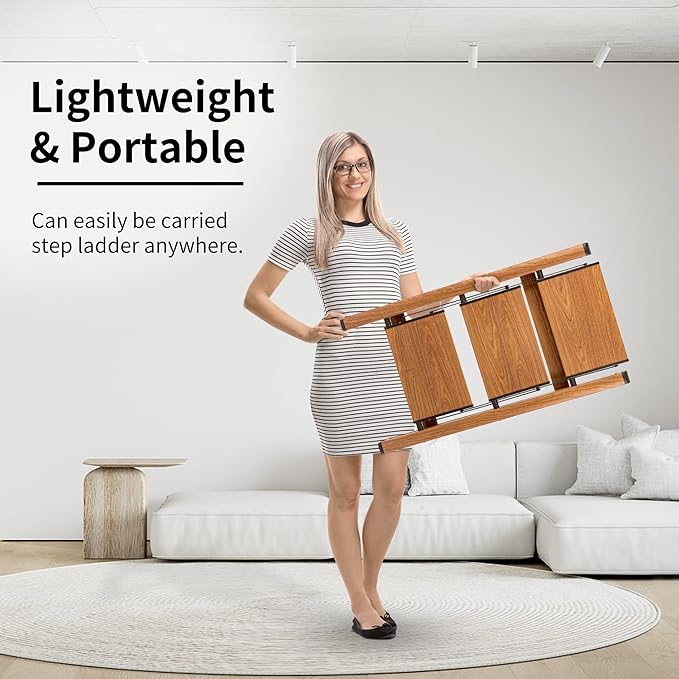 3 Step Ladder, Folding Step Stool with Anti-Slip Wide Sturdy Pedal, Multi-Use for Home and Kitchen Use, Space Saving-Woodgrain(300 lbs Capacity)