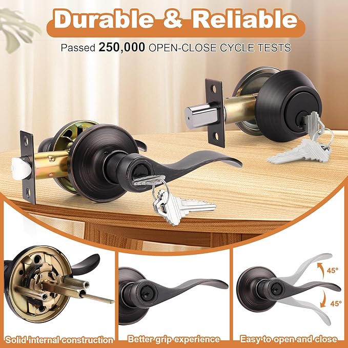 Probrico 2 Set Oil Rubbed Bronze Exterior Entry Lever and Single Cylinder Deadbolt Combo Pack, Keyed Alike Lockset Handleset for Front Door Entry Lock Set