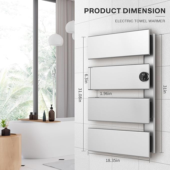 K&KALONZO Electric Towel Warmer, 18.35" W x 31" H Wall-Mounted Towel Heater with Built-in Timer, Waterproof Aluminum Towel Warmer for Bathroom, Support Plug-in and Hardwired, Silver, K4-R-S