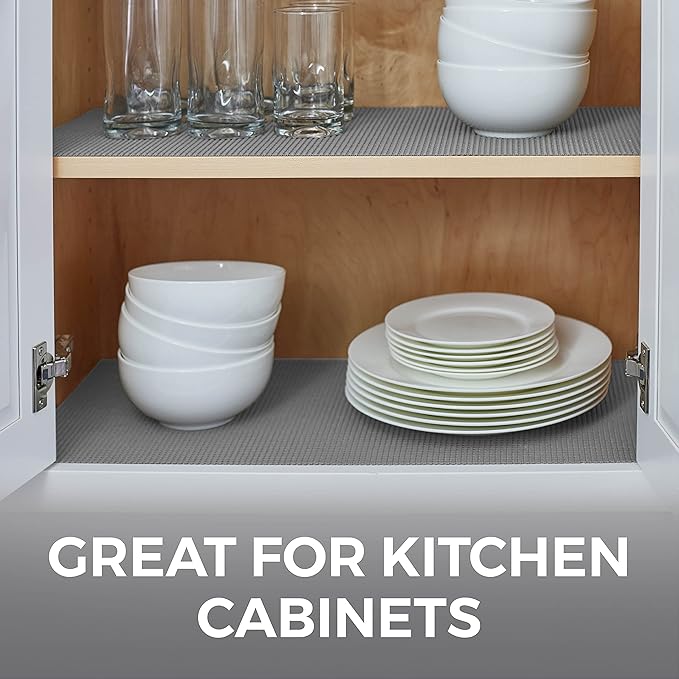 HOME GENIE Drawer Shelf and Cabinet Liner, Durable with Strong Grip, 17.5 Inch x 10 FT, Non Adhesive Liners Protect Kitchen Cabinets and Cupboard, Bathroom Drawers and Shelves, Desks, Soft Gray