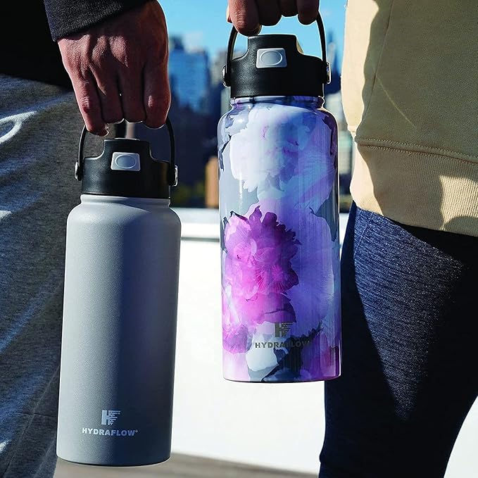 Hydraflow Hybrid - Triple Wall Vacuum Insulated Water Bottle with Flip Straw (25oz, Powder Aqua) Stainless Steel Metal Thermos, Reusable Leak Proof BPA-FREE for Sports and Travel