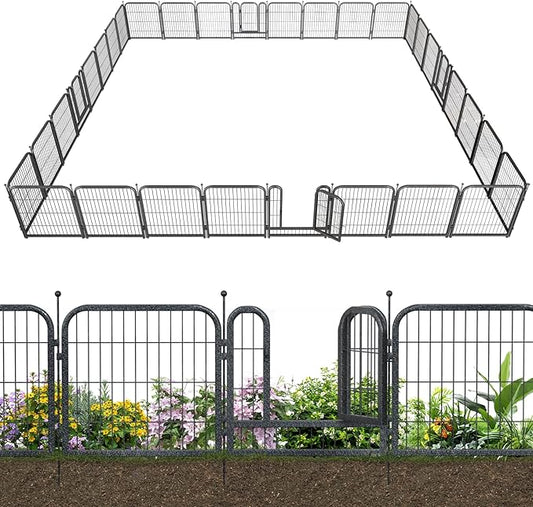 Metal Garden Fence with 28 Panels 4 Gates Outdoor Dog Fence 72ft (L)×32in (H) Decorative Pet & Animal Barrier, Garden and Yard Fencing，Black-Silver