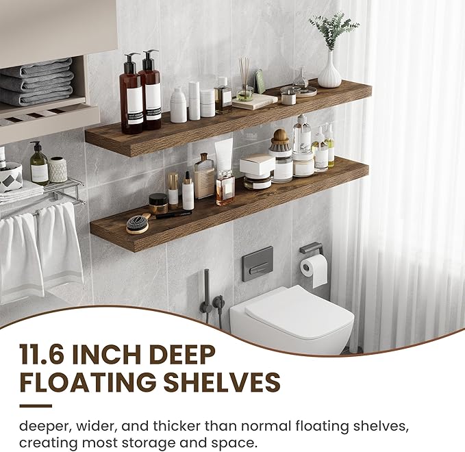 55 Inch Floating Shelves, 11.6 Inch Deep Floating Shelves for Wall, Floating Shelf with Invisible Brackets, Deep Shelves for Bathroom, Bedroom, Living Room, 1 Pack, Brown