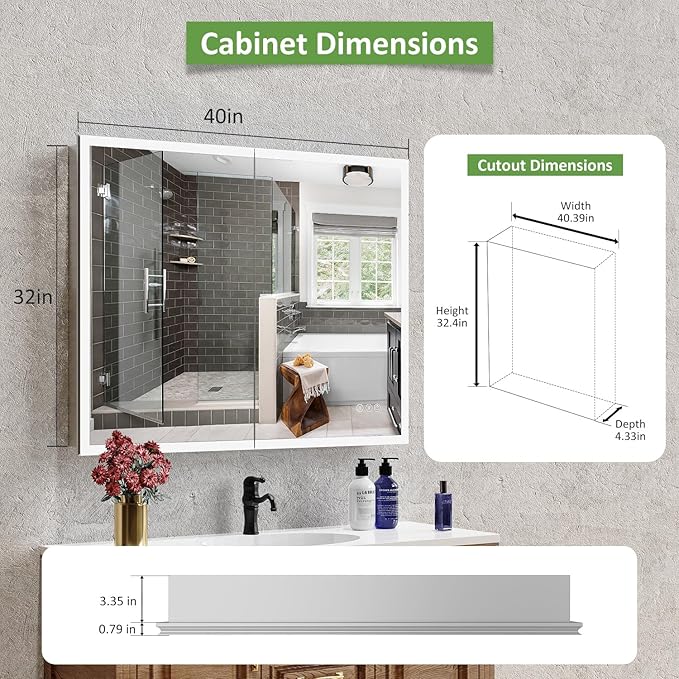 Medicine Cabinet with Lights, Bathroom LED Mirror Cabinet with Storage, Anti-Fog & 3 Color Lights, Recessed or Wall Mounted (40X32 in)
