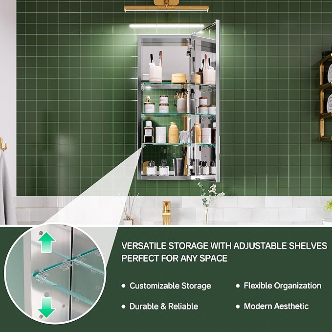 12’’×30’’ Medicine Cabinet for Bathroom, Storage Cabinet Vanity Mirror, Adjustable Shelves, Recessed/Surface Mount, Blum Hinge, Right Swing
