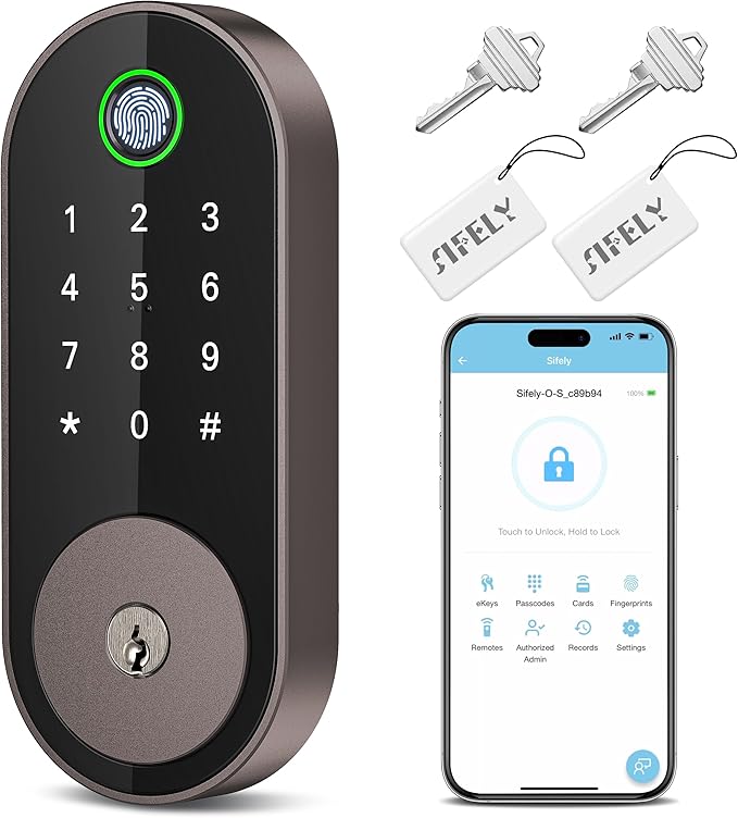 Keyless Entry Fingerprint Deadbolt Smart Lock: Sifely Digital Front Door Keypad with App Control, Electronic/Electric Deadbolt with Fingerprint & Code Access, Auto Locking, Easy to Install (Bronze)