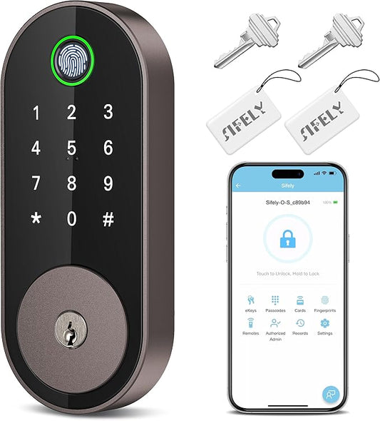 Keyless Entry Fingerprint Deadbolt Smart Lock: Sifely Digital Front Door Keypad with App Control, Electronic/Electric Deadbolt with Fingerprint & Code Access, Auto Locking, Easy to Install (Bronze)