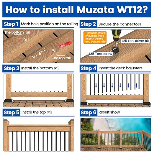 Muzata 50Pack 26" x3/4" Aluminum Deck Balusters Square Baluster Deck Railing Black Hollow Spindles with Screws for Railing Fencing Porch WT12