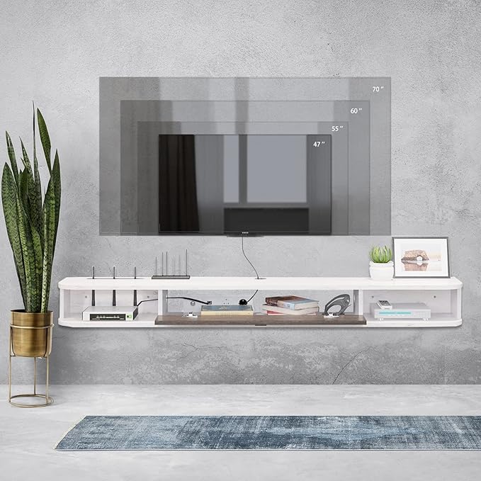 Pmnianhua Floating TV Console,55'' Wall-Mounted Media Console,Floating TV Cabinet,Modern Floating TV Stand,Under TV Entertainment Shelf with Door and Storage for Bedroom Living Room (Grey-White)