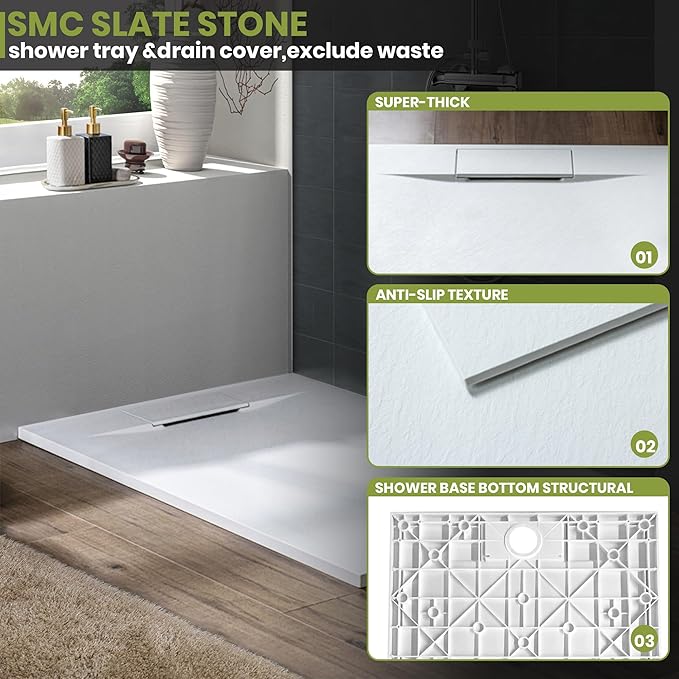 60'' L x 36'' W Shower Base with Drain Cover, White SMC Shower Tray for Bathroom, Waterproof Leakproof Modern Shower Pan