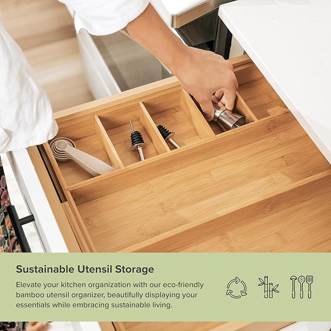 KitchenEdge Adjustable Kitchen Drawer Organizer for Utensils and Junk, Food-Safe Contract Grade with 100% Sustainable Wood, Expandable from 10.5 to 19 Inches Wide - Natural Bamboo