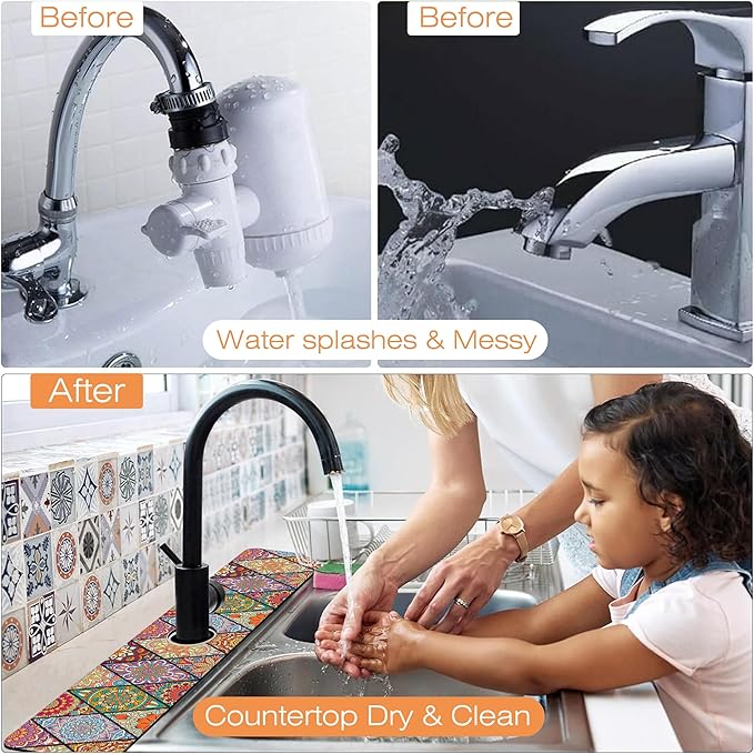 Kitchen Faucet Mat Bohemian Rug Texture Kitchen Sink Splash Guard Faucet Mat,1 PC Splash Guard Behind Faucet Drip Catcher for Kitchen,Sink Mat,Dish Drying Mat,Bathroom Faucet Mat 23.5"X5.5"