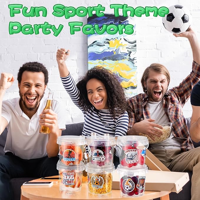 PerKoop 20 Pcs 32 oz Soccer Ice Cream Buckets with Lids and Handles Clear Cocktail Rum Buckets for Drinks with 200 Soccer Stickers Plastic Transparent Tub Reusable Food Storage Containers for Parties