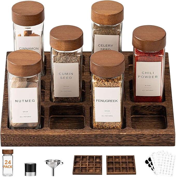 Yangbaga 24Pcs Glass Spice Jars with Labels-4oz Acacia Wood Lid Square Spice Containers and 2pcs Rack with Pepper Grinder Lids &Funnel,Seasoning Jars for Rack Cabinet Drawer
