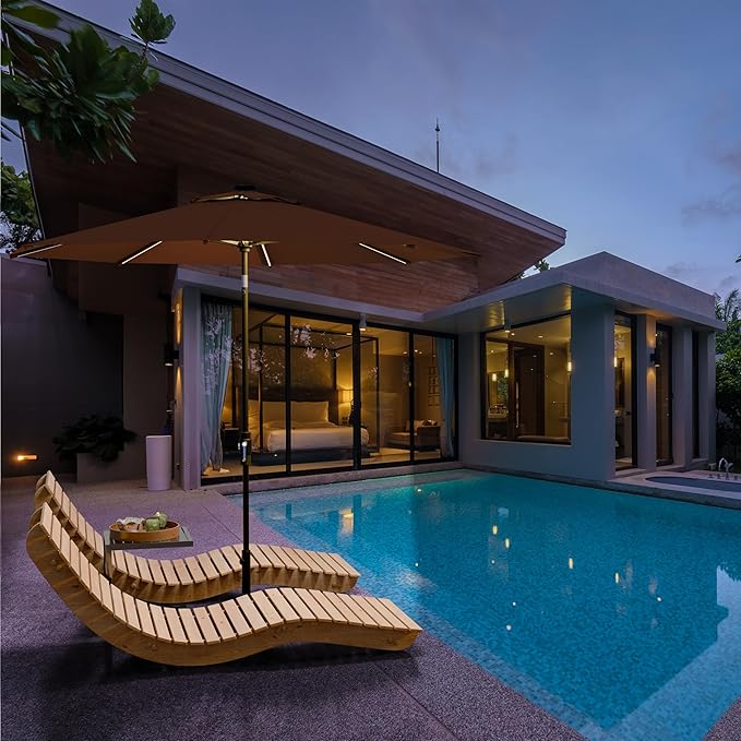 Midtown Umbrellas The LED Swilt 10 Feet Patio Umbrella With Sunbrella Bay Brown Acrylic Fabric - Auto-Tilt Aluminum Frame With LED Lights For Backyard, Deck, Garden, Pool - Black Pole