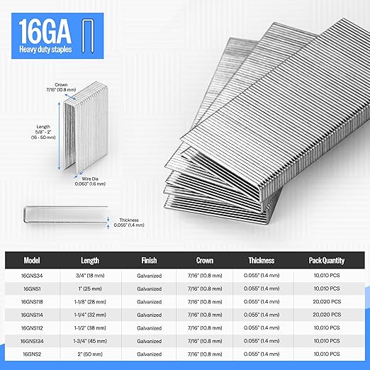 meite 16 Gauge 7/16-Inch Standard Crown Staples, 1-1/4 Inch Length Galvanized Heavy-Duty Construction Staples for Roof Decking Subflooring Wall Sheathing Fencing, 10,010 PCS