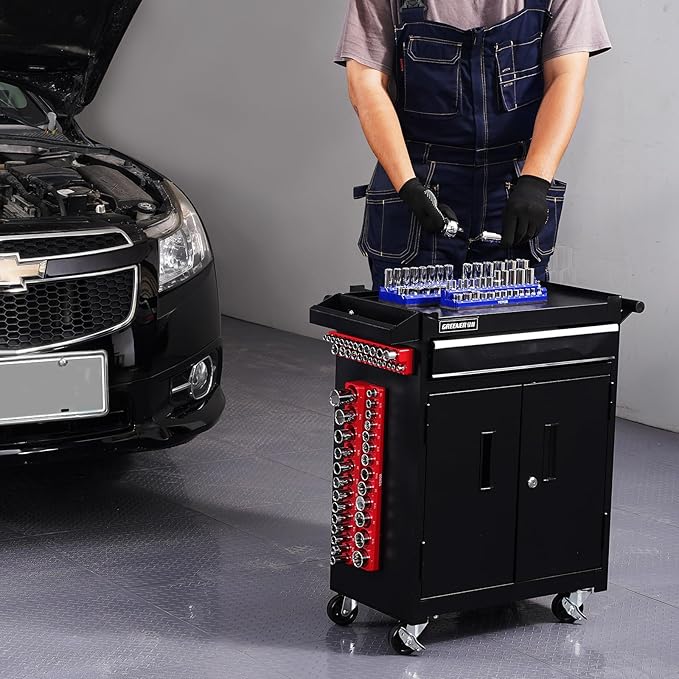 VEVOR Magnetic Socket Organizer Set, 4PCS Magnetic Socket Holder, 1/4'' & 3/8'' Metric SAE Socket Trays with Clear Labels, Hold up to 108PCS Standard & Deep Sockets, Blue & Red (Sockets Not Included)