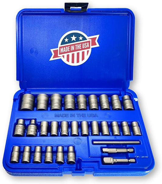 30 Piece Extraction Socket Tool Set | Made in USA Steel | ¼” and ⅜” Drive Impact Grade Bolt and Nut Remover Kit | Turbo Sockets for Stripped, Rounded, Frozen Bolts & Nuts | Nut Extractor Socket Set