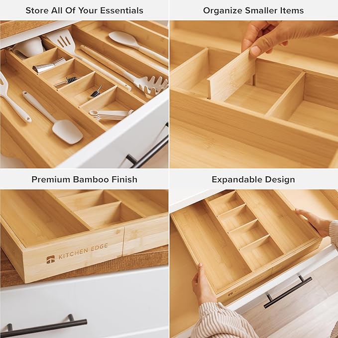 KitchenEdge Adjustable Kitchen Drawer Organizer for Utensils and Junk, Food-Safe Contract Grade with 100% Sustainable Wood, Expandable from 16 to 28 Inches Wide - Natural Bamboo