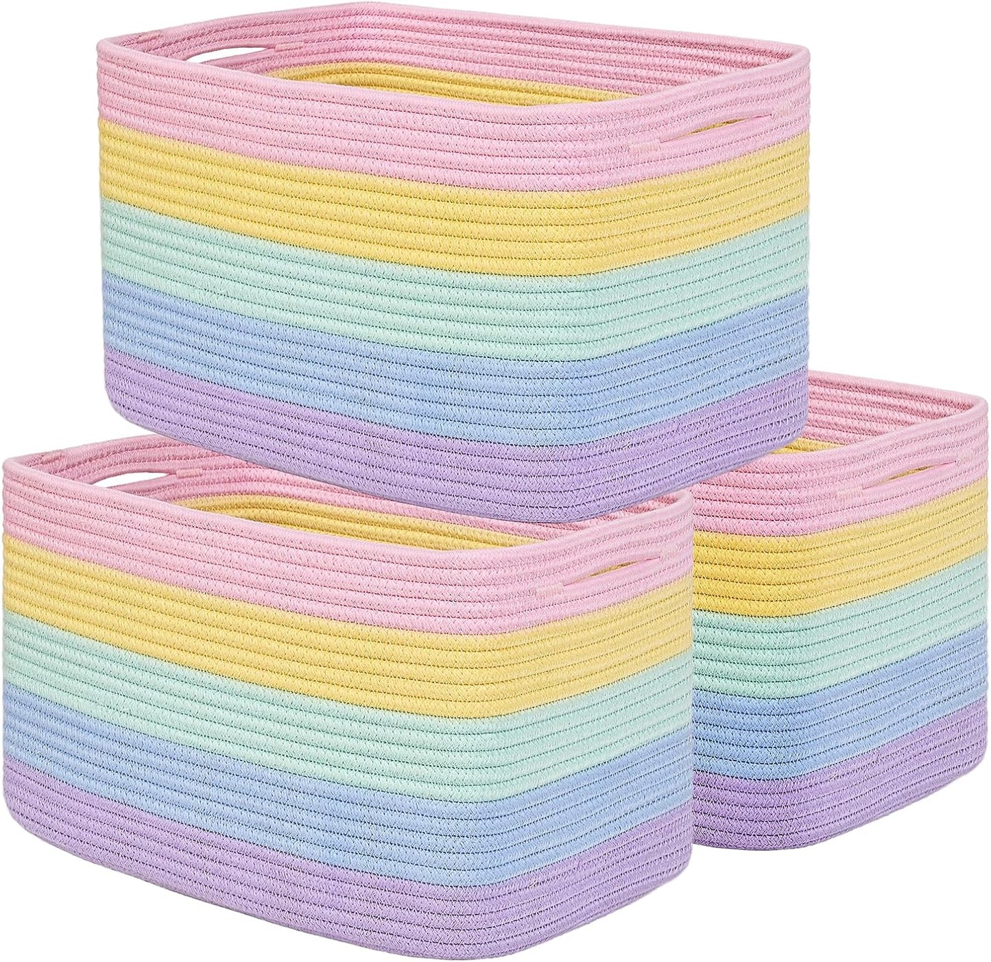 Shelf Baskets for Organizing, Woven Storage Basket for Shelves，Cotton Rope Storage Bins for Toys Books, Nursery Towel Baskets for Classroom, 14.96"X9.8"X8.85", 3-Pack Pastel Rainbow