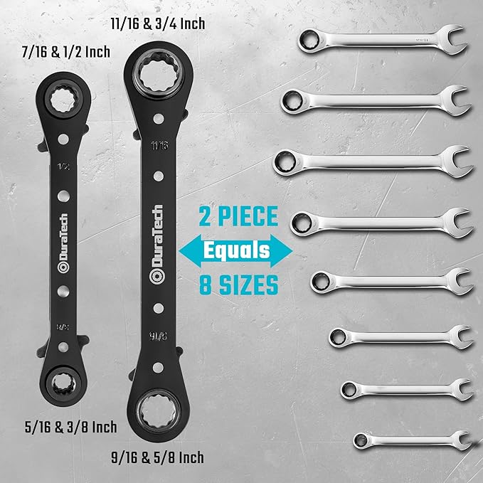DURATECH 4-in-1 Reversible Ratcheting Wrench Set, Double Box End Wrench Set, 2-Piece, 5/16", 3/8", 7/16", 1/2", 9/16", 5/8", 11/16", 3/4", SAE