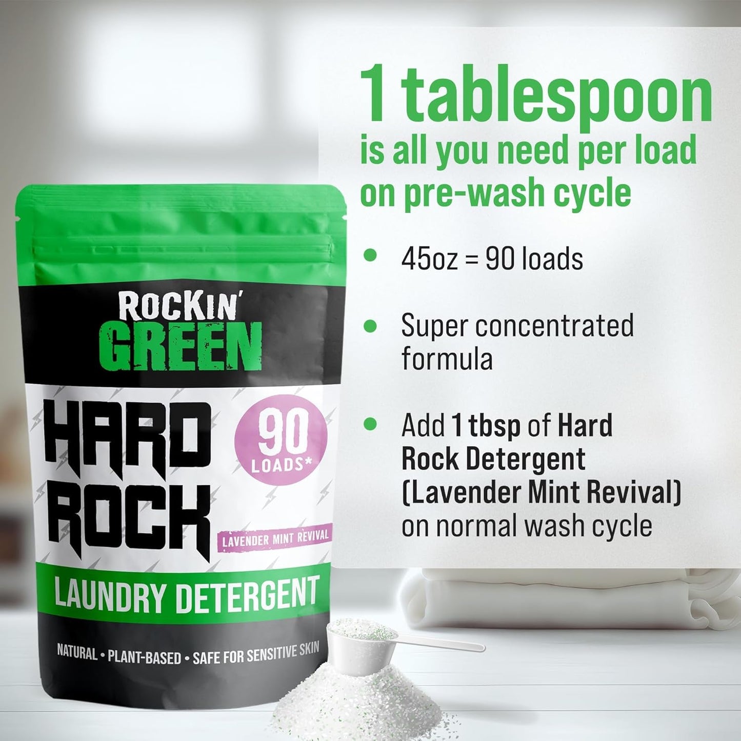 Rockin' Green Hard Rock Laundry Detergent for Hard Water (90 Loads), Plant based, Natural Laundry Detergent Powder, Biodegradable Odor Fighter, Safe for Sensitive Skin, 45 oz (Lavender Mint Revival)