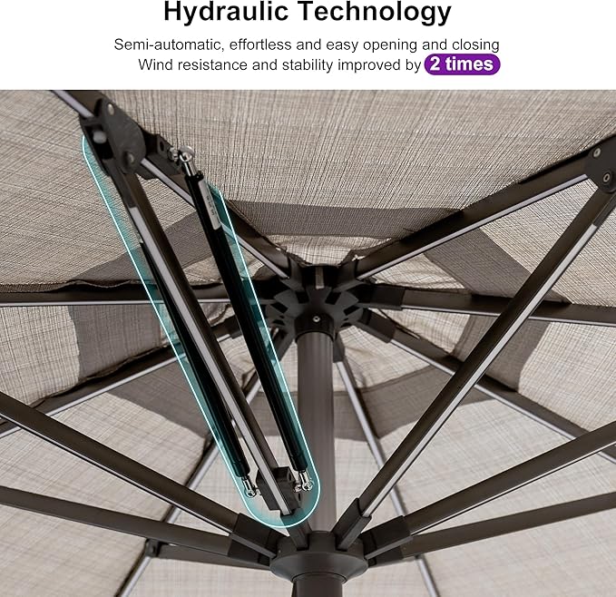 PURPLE LEAF 10 FT Semi-Auto Outdoor Patio Umbrella with Base Market Table Sun Umbrellas with 8 Aluminum Sturdy Ribs for Backyard Deck Garden Pool (Gray Pole Beige Canopy)