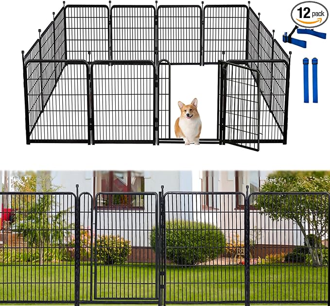 Tall Garden Fences and Borders for Dogs, 48 inch High Garden Fence, 12 Panels Total 26.6 Ft, 21 in Wide Low Threshold Gate. Modular Fencing, Dog Fence Outdoor for Yard. Rabbit Fences