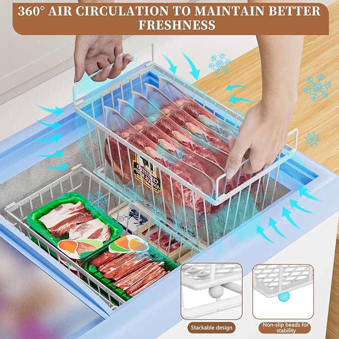 Freezer Organizer Bins ，Upgraded Bottom Leak-Proof net，4 Pack，Encryption and Hardening ，Deep Freezer Organizer Bins for 5 to 7 Cu.FT Small Chest Freezer， Easy Get Bottom Foods（white）