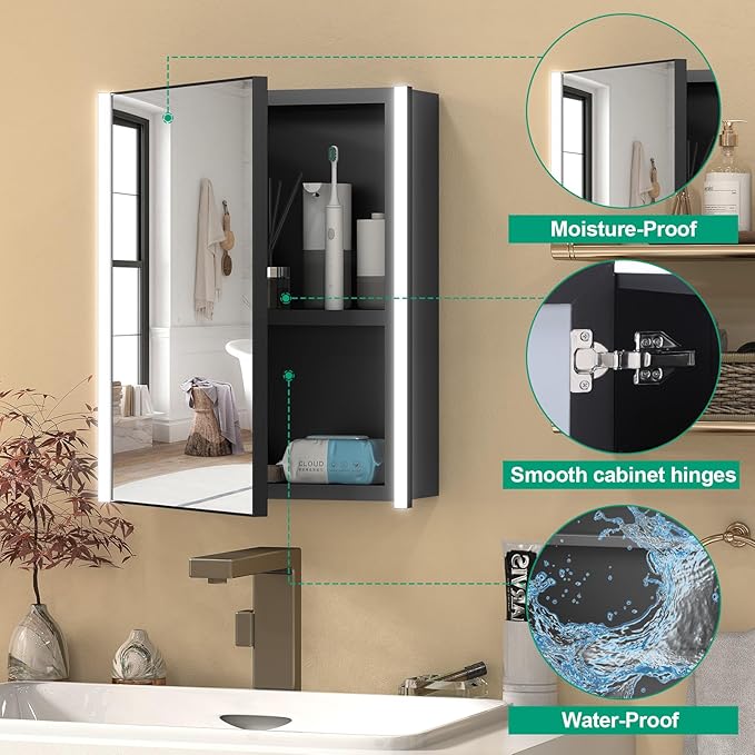 20x26 Inch Medicine Cabinet with LED Light Mirror, Brightneess Adjustable and Full-Assembled Bathroom Aluminum Cabinet with Storage, Surface or Recessed Tempered Cabinet, Farmhouse Black