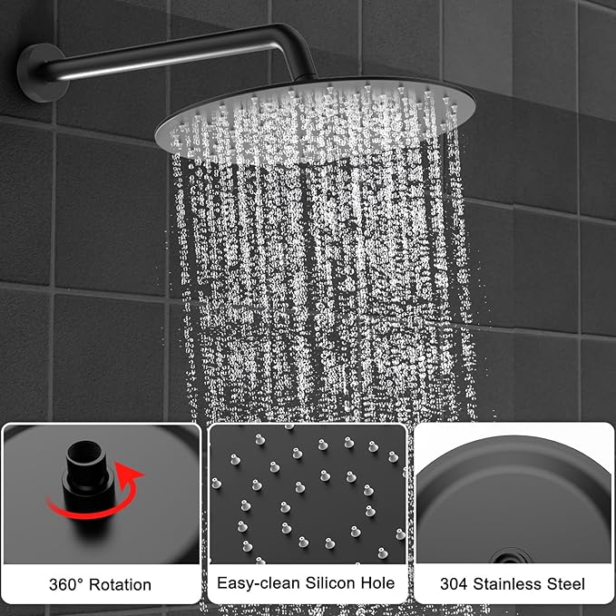 Shower Faucet Set 12IN Brass Rough-In Valve Body Trim Kit Rainfall Included Handle Accessories Complete 2 Functions with Rain Head and Handheld Bathroom Systems (12'', Matte Black)