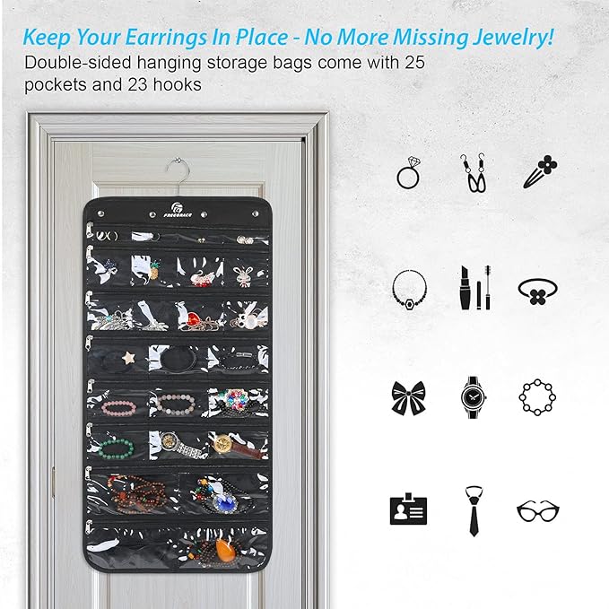 Freegrace Hanging Jewelry Organizer Revolving Hanger - Secure Zipper Closure - 25 Pockets,23 Hooks - Foldable Storage & Display Solution - for All Jewelry & Bijoux (Black)